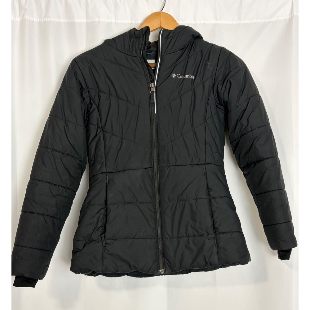 Columbia Girls Black Hooded Puffer Jacket Quilted Full Zip Size L 14-16